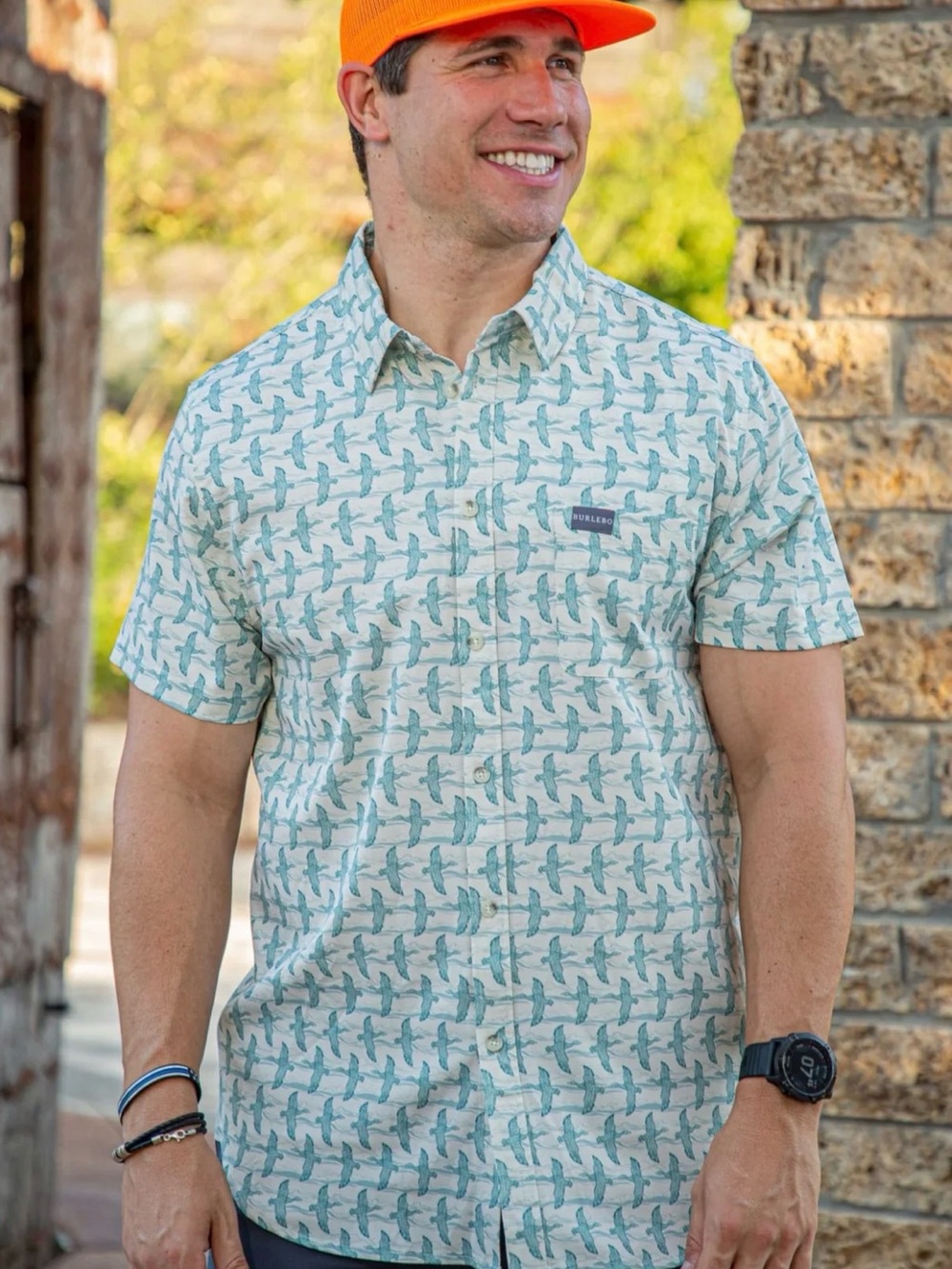 BURLEBO Short-Sleeve Button-Down in Teal and White Bird Print